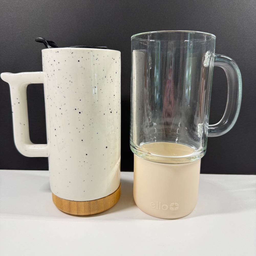 Ello Mug Set 16oz Ceramic Speckled Travel Mug Wood Base & 18oz Glass Sleeve Mug